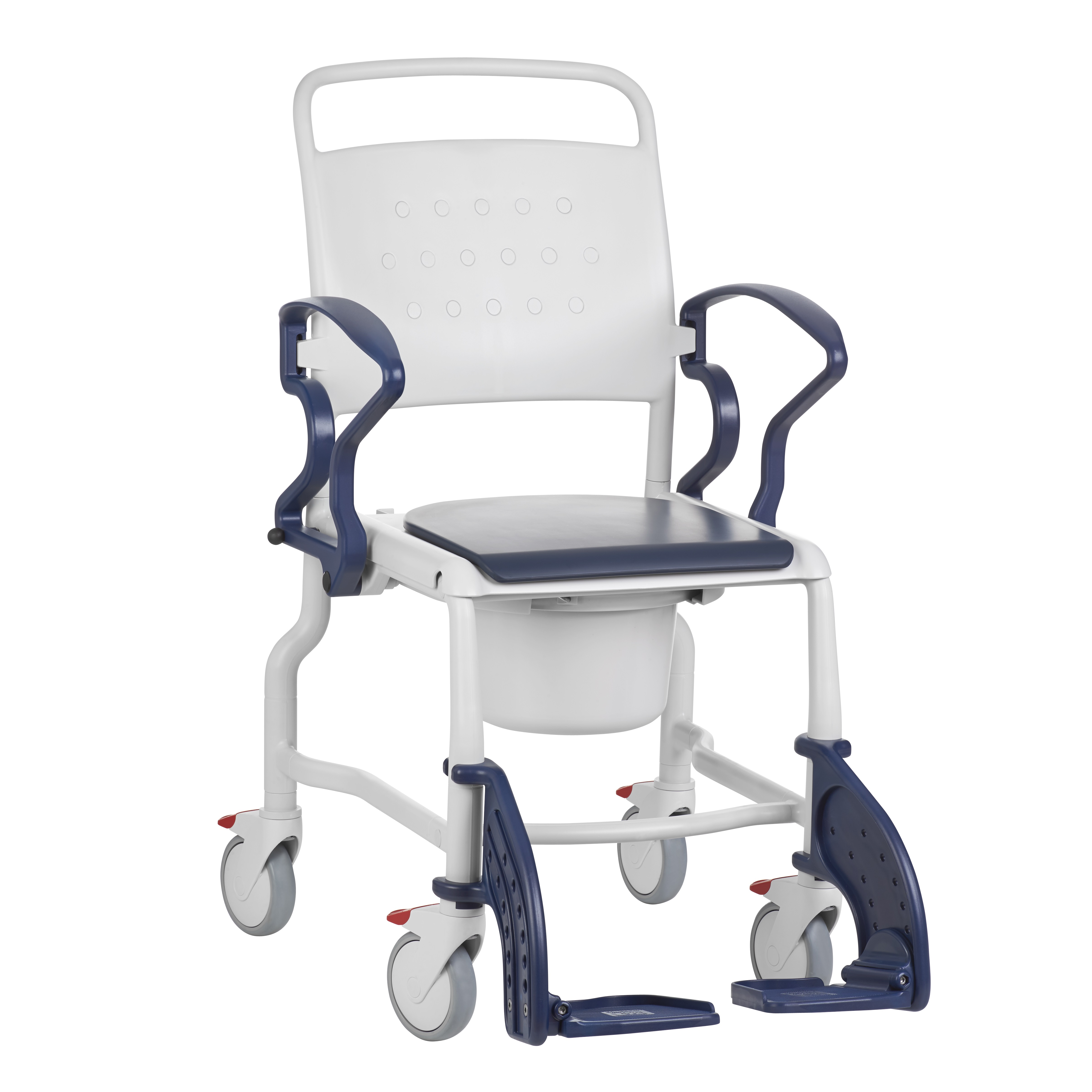 Rebotec Toilettenrollstuhl Bonn grau/blau, bis 130 kg, Kunststoff, 4 Schwenkräder 5-Zoll, inkl. Eimer