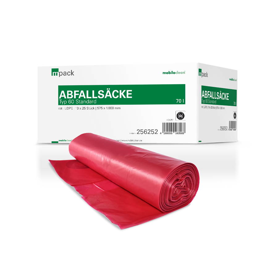 mpack Abfallsäcke 57,5x100 cm, LDPE, 70 Liter, rot, Typ60, 10x25 Stück/Karton