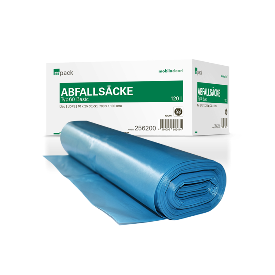 mpack Abfallsäcke Basic 70x110cm, 120L, blau, LDPE, Typ60, 29my, 10 Rollen x 25 Stück/Karton