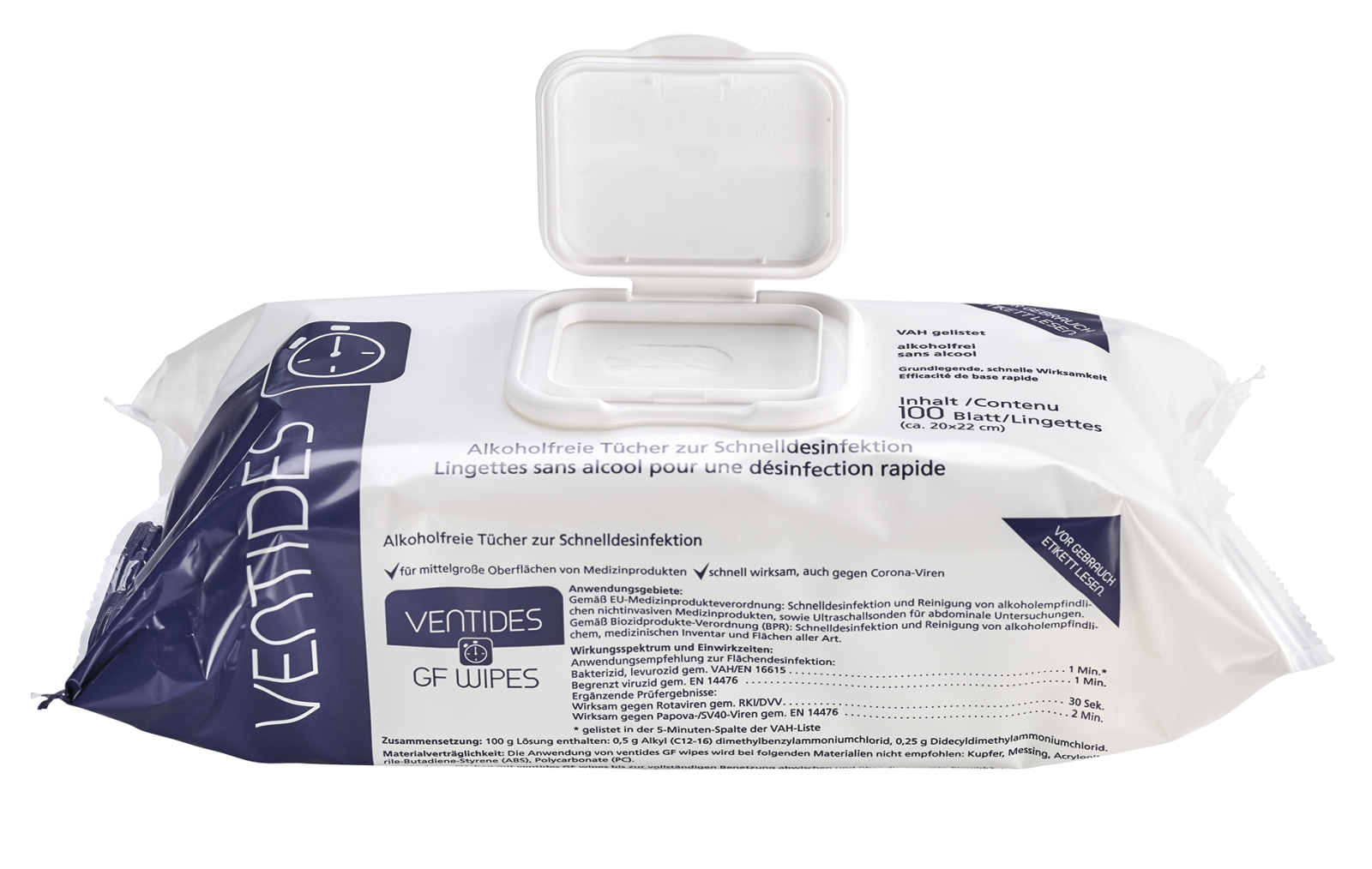 Ventides GF Wipes, alkoholfreie Desinfektionstücher, Ready 2 use, 100 Stück/Flow Pack, 22 x 20 cm