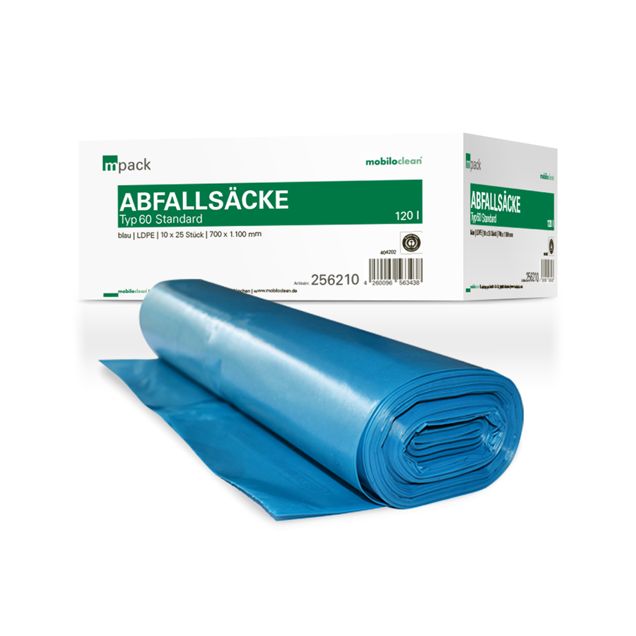 mpack Abfallsäcke 70x110cm, 120L, blau, LDPE, Typ60, 36my, 10 Rollen x 25 Stück/Karton