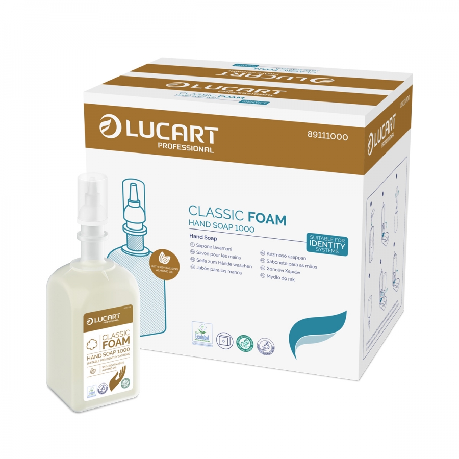 Lucart Professional Classic Foam Hand Soap 1000 ml, Schaumseife mit zartem Blumenduft, 6 Flaschen/Karton