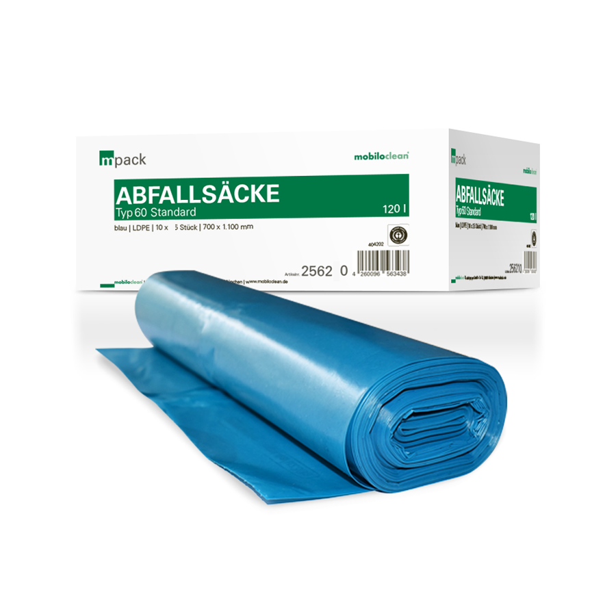 mpack Abfallsäcke 70x110cm, 120L, blau, LDPE, Typ100, 75my, 10 Rollen x 15 Stück/Karton