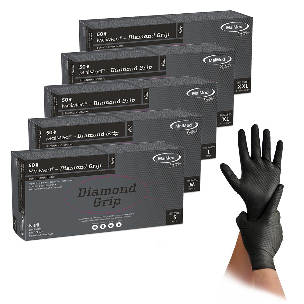 MaiMed Diamond Grip schwarz, Gr. M, unsteril, pf, latexfreier Nitril-Handschuh, 50 Stück/Packung