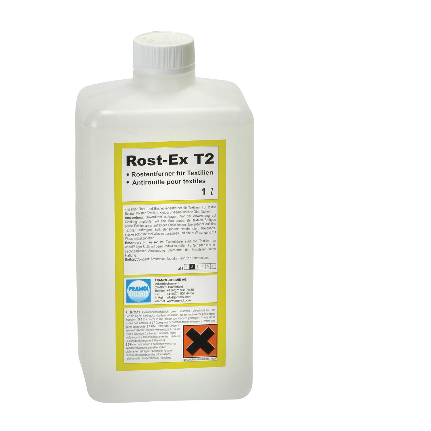 Pramol rost-ex T2, flüssiger Rost- und Blutfleckenentferner für Textilien, 1 Liter Flasche