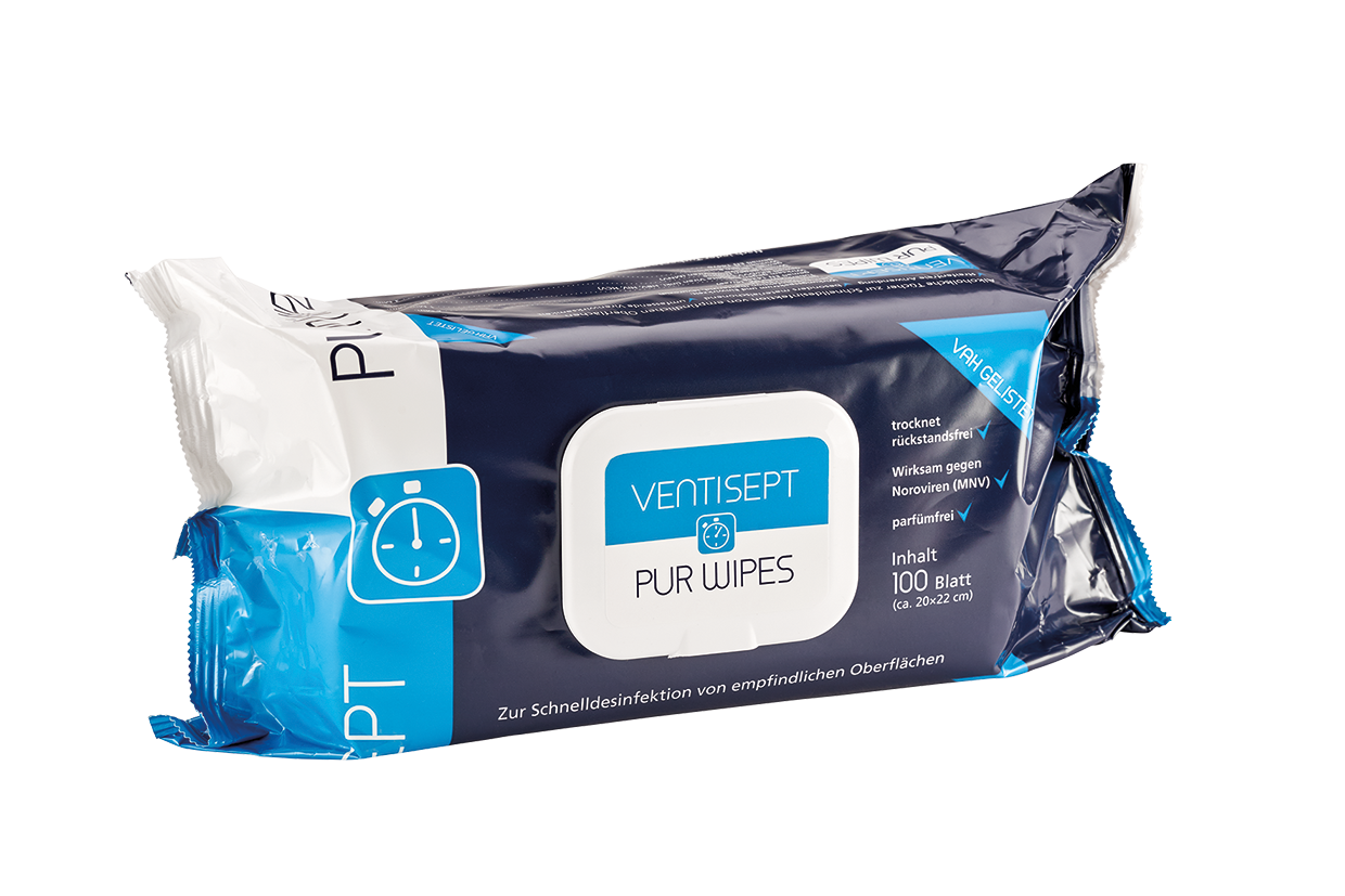 Ventisept Pur Wipes Desinfektionstücher, Ready 2 use, 100% plastikfreie Tücher, 20 x 20 cm, 100 Stück/Packung