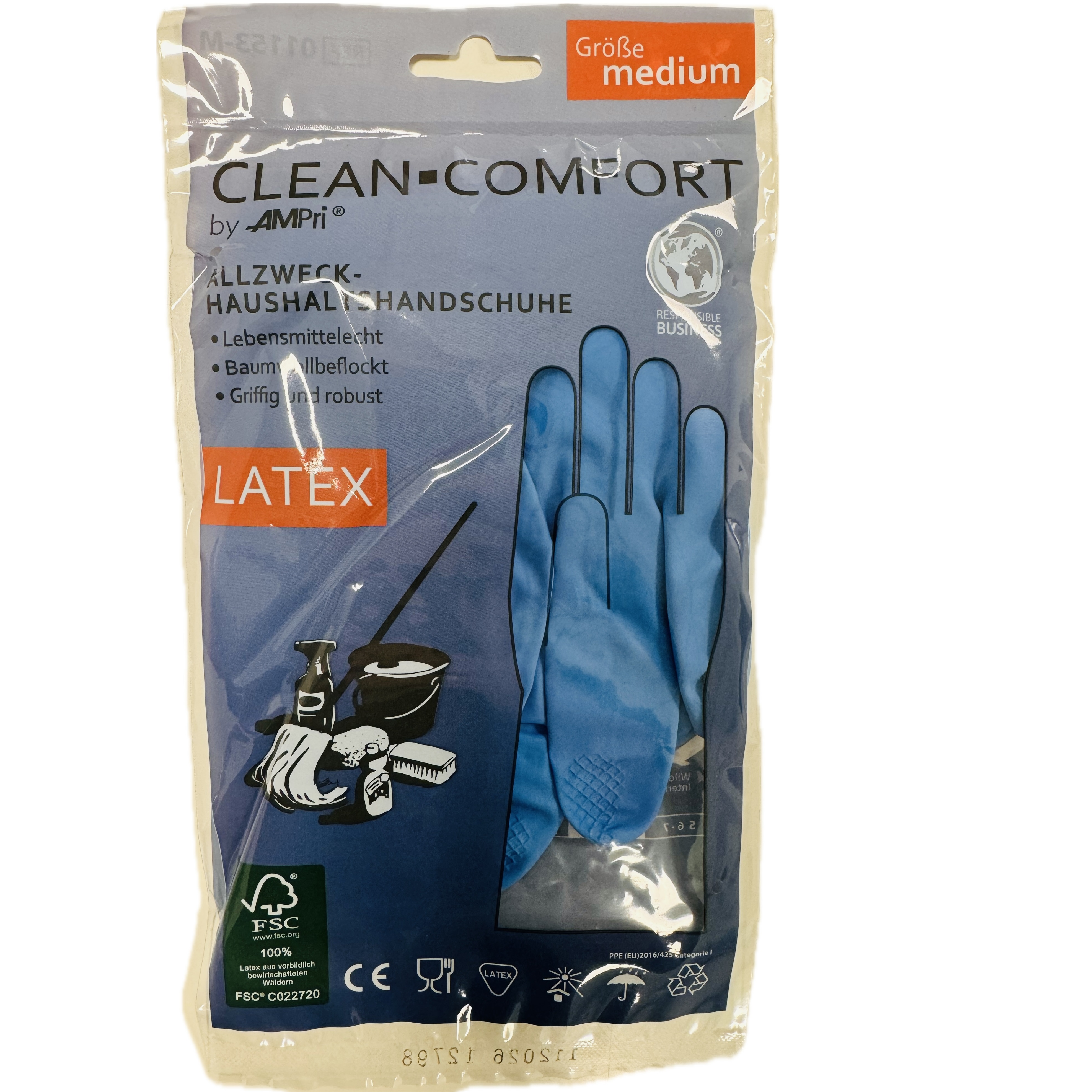 Clean-Comfort Haushaltshandschuhe Latex, blau, Gr. M (7-8), puderfrei, baumwollbeflockt