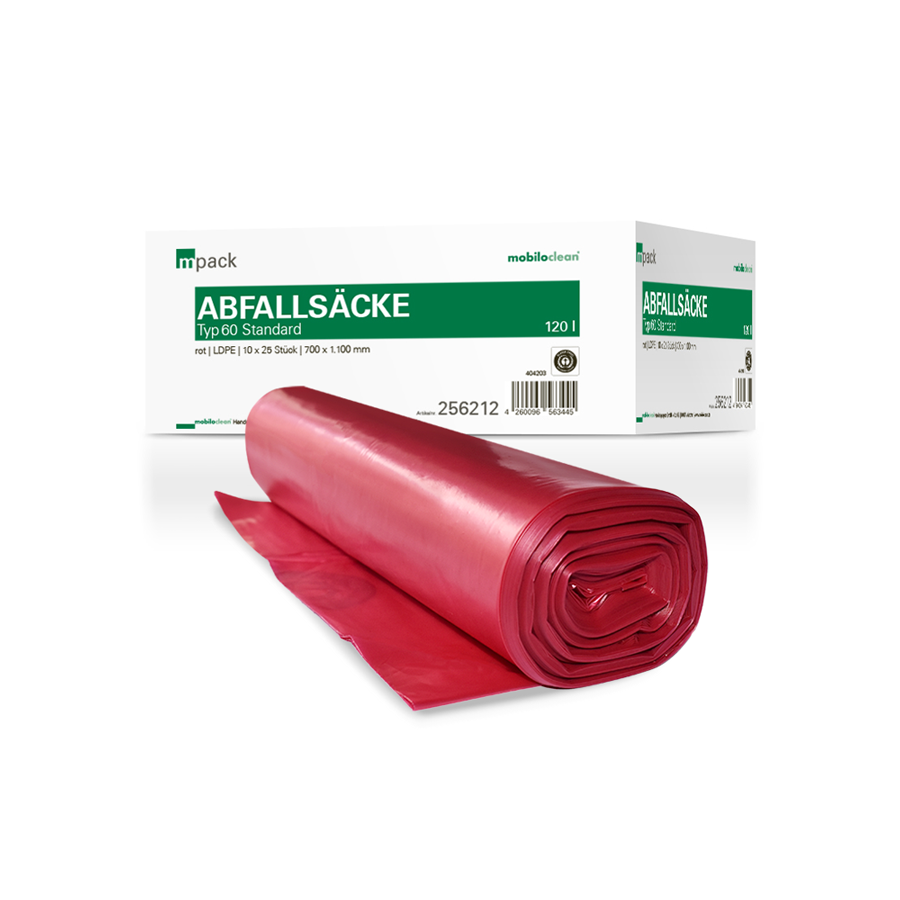 mpack Abfallsäcke 70x110cm, 120L, rot, LDPE, Typ60, 36my, 10 Rollen x 25 Stück/Karton