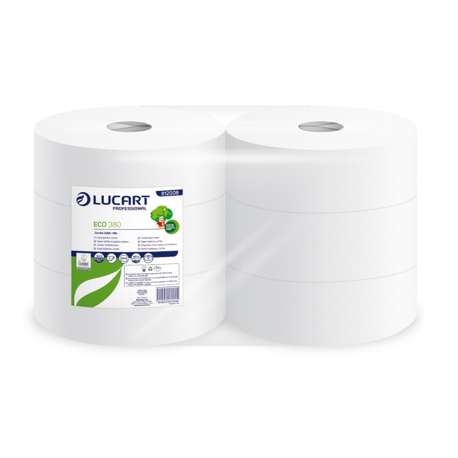 Lucart Prof. Eco 380, Jumbo-Toilettenpapier, 2-lagig, RC, 380 m, Ø 260 mm, 6 Rollen/Sack, weiß