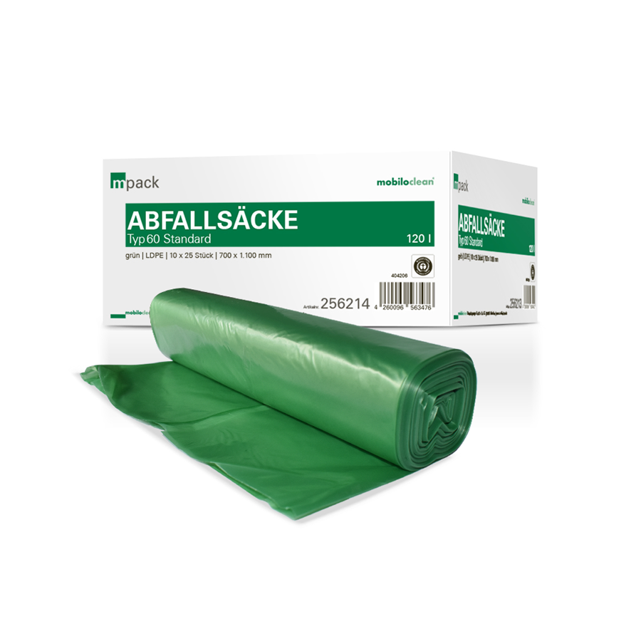 mpack Abfallsäcke 70x110cm, 120L, grün, LDPE, Typ60, 36my, 10 Rollen x 25 Stück/Karton