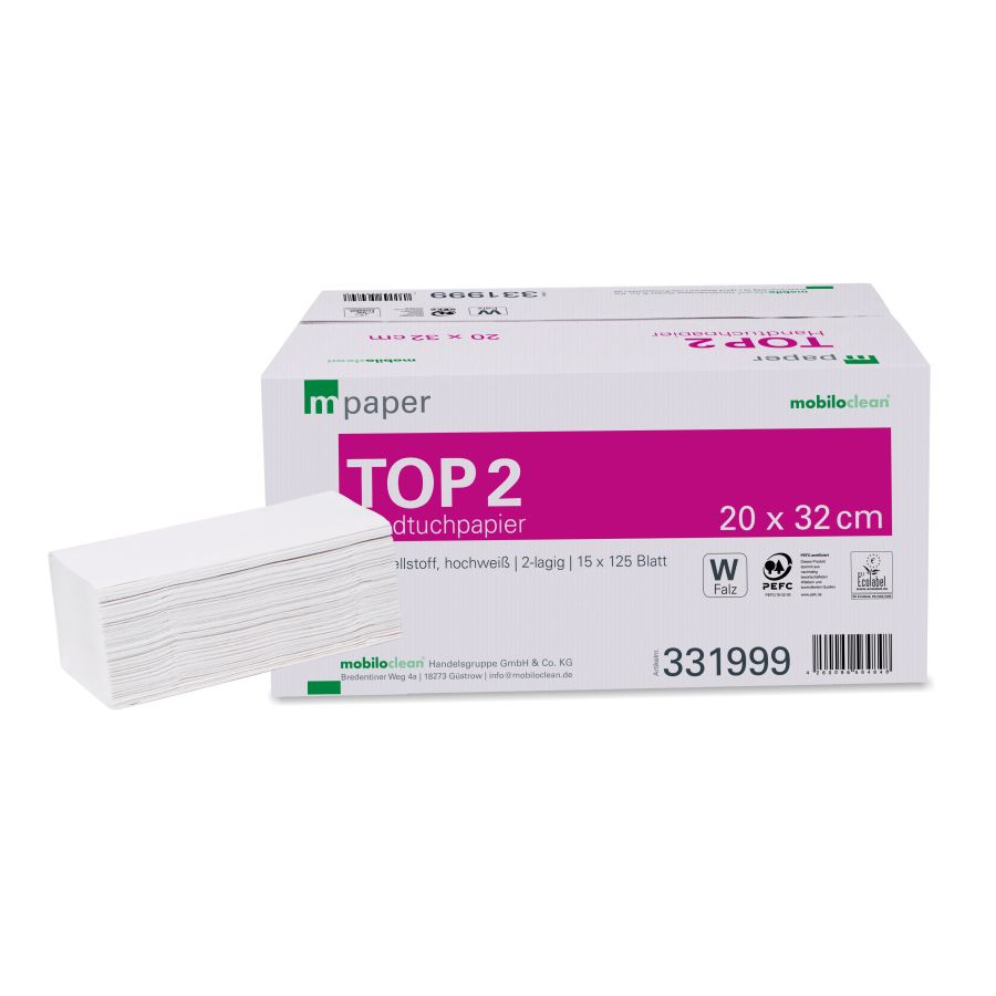 mpaper TOP2 Handtuchpapier Interfold, 2-lagig, Zellstoff, 32 x 20 cm, 1875 Stück/Karton