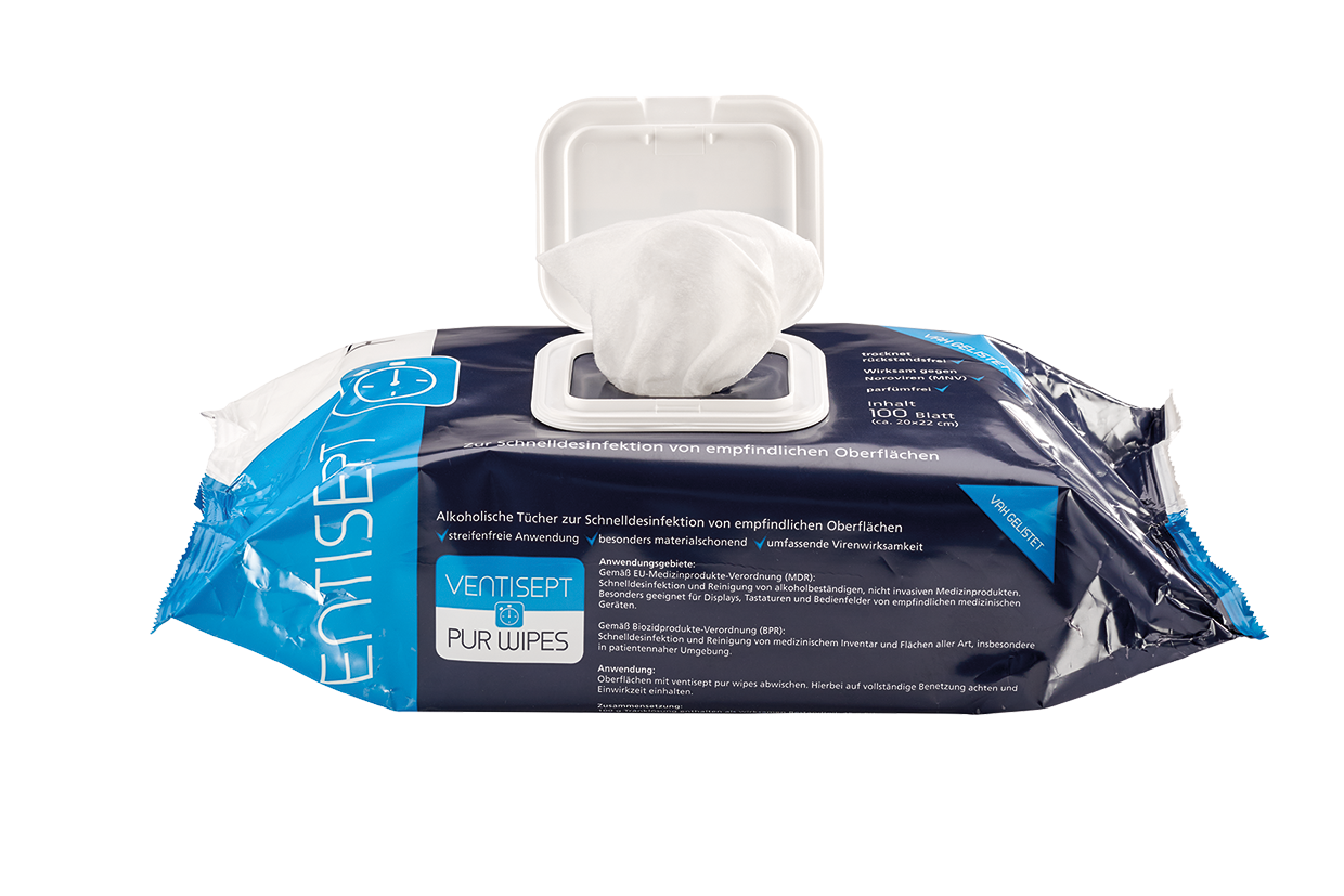 Ventisept Pur Wipes Desinfektionstücher, Ready 2 use, 100% plastikfreie Tücher, 20 x 20 cm, 100 Stück/Packung