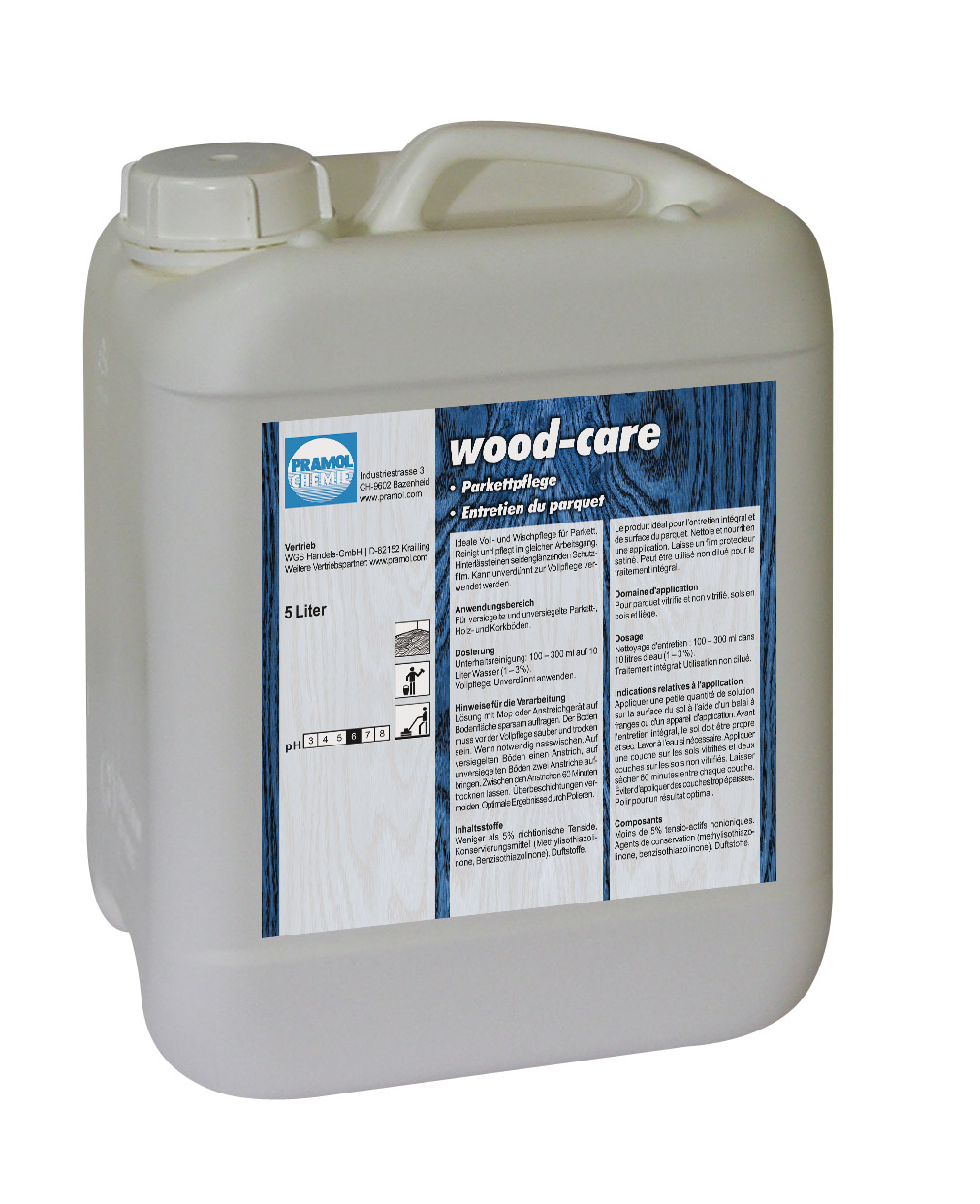 Pramol wood-care, Parkettpflege, Wischpflege mit Wachsanteilen für Parkett, weiß, 5 Liter