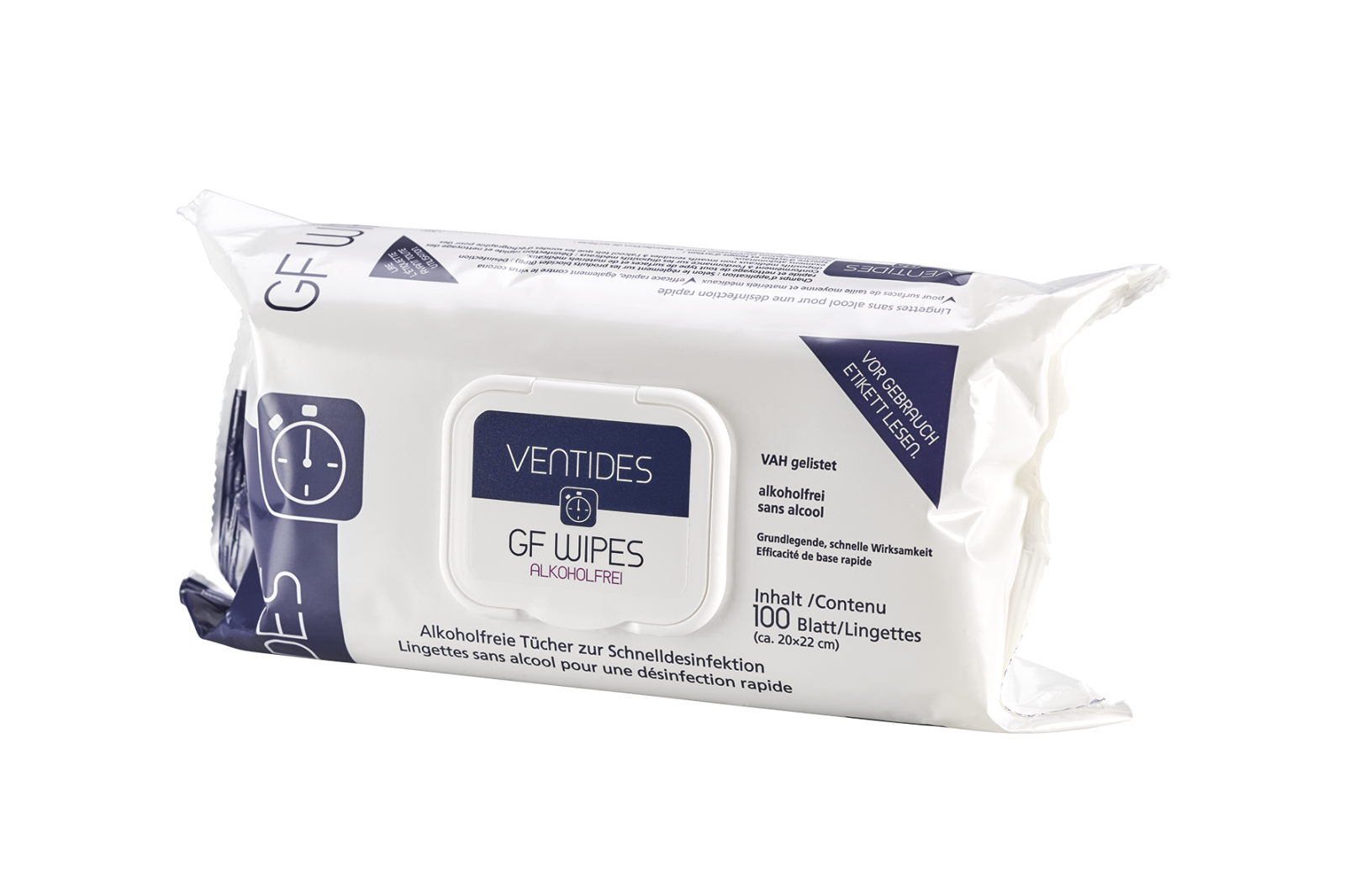 Ventides GF Wipes, alkoholfreie Desinfektionstücher, Ready 2 use, 100 Stück/Flow Pack, 22 x 20 cm