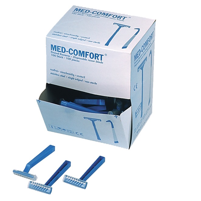 Med-Comfort ABS Einweg Rasierer mit Edelstahl Klinge, 1-schneidig, blau, 100 Stück/Packung