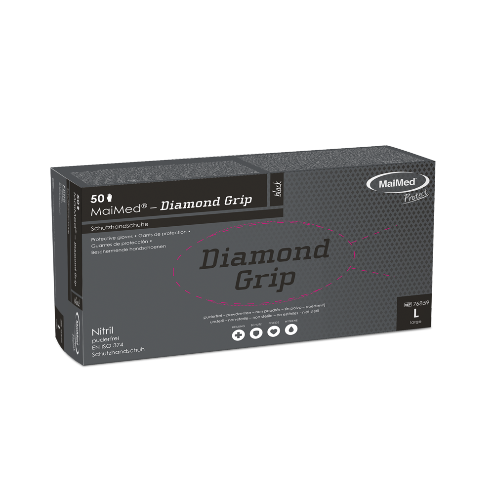 MaiMed Diamond Grip schwarz, Gr. L, unsteril, pf, latexfreier Nitril-Handschuh, 50 Stück/Packung