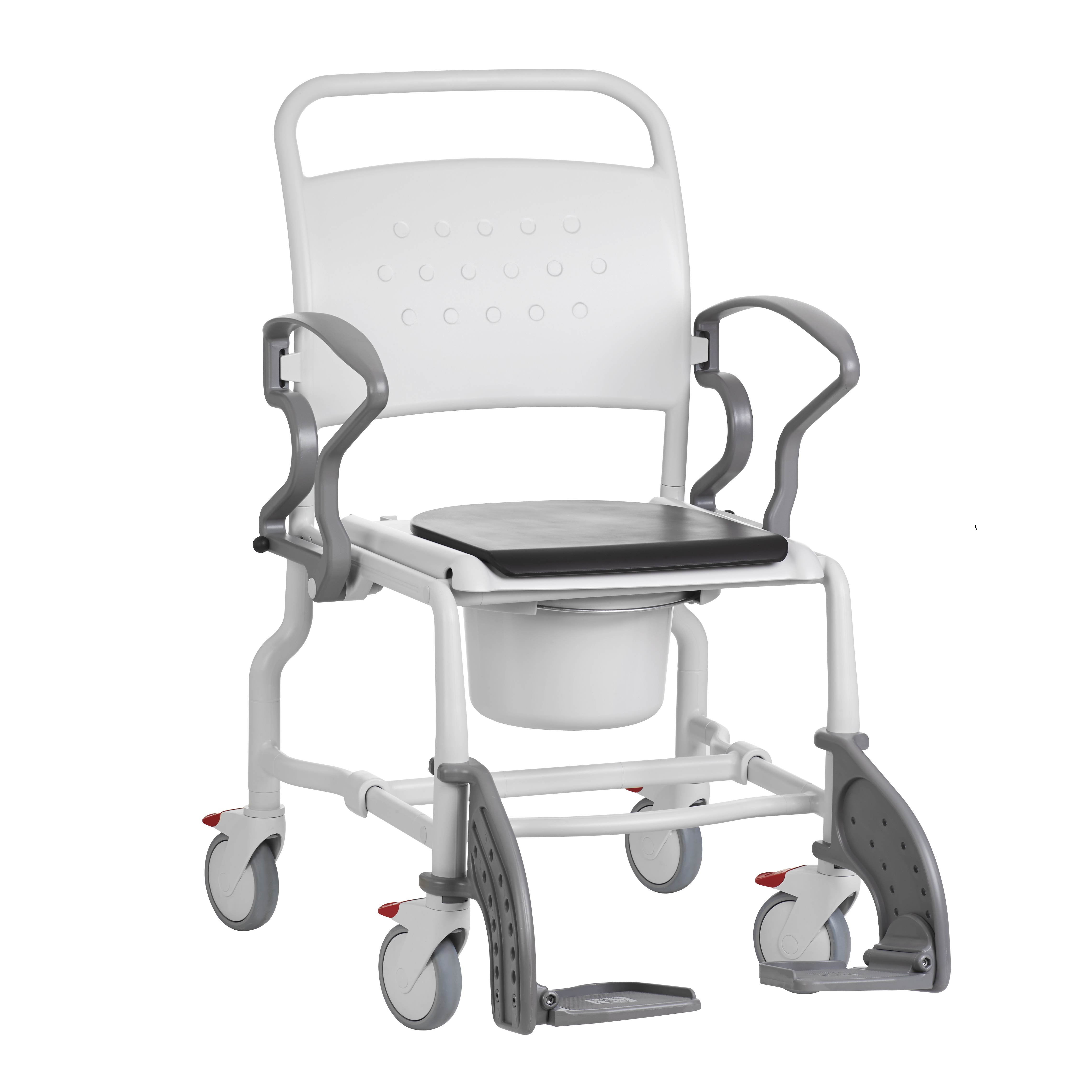 Rebotec Toilettenrollstuhl Boston grau/grau, bis 150 kg, 4 Schwenkräder 5-Zoll, mit Sitzpolster, inkl. Eimer