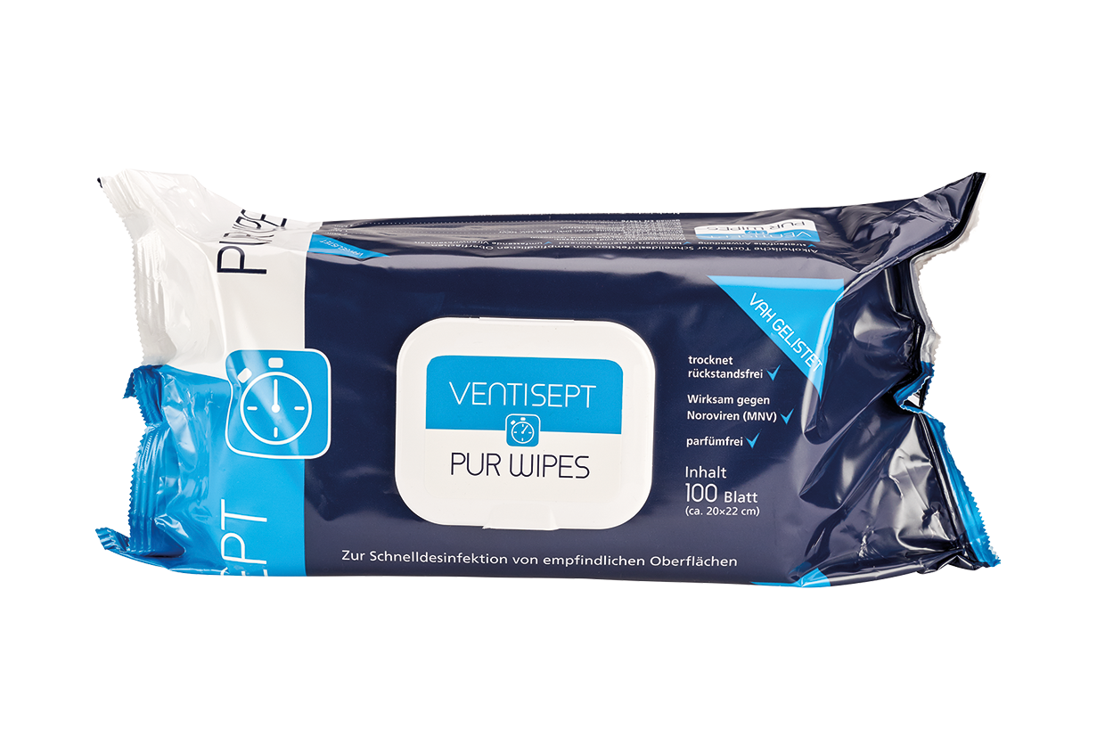 Ventisept Pur Wipes Desinfektionstücher, Ready 2 use, 100% plastikfreie Tücher, 20 x 20 cm, 100 Stück/Packung